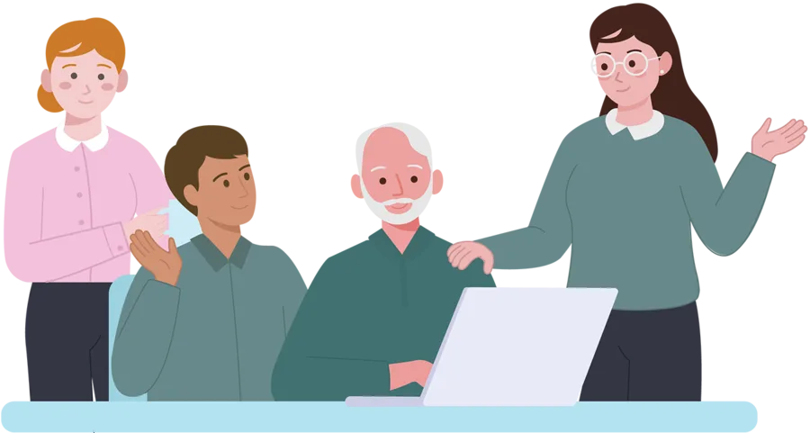 Colleagues discussing work around a laptop